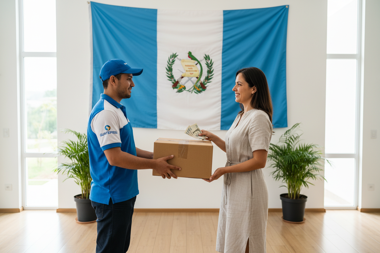 quiero una imagen de una contra entrega, que sea entregando una caja y debe aparecer la bandera de guatemala en algun lugar